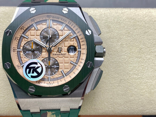 Royal Oak Offshore 44mm SS TKF 1:1 Best Edition Cream Dial on Green Camou Rubber Strap A3126