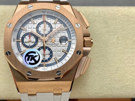 Royal Oak Offshore 44mm RG TKF 1:1 Best Edition White Dial on White Rubber Strap A3126