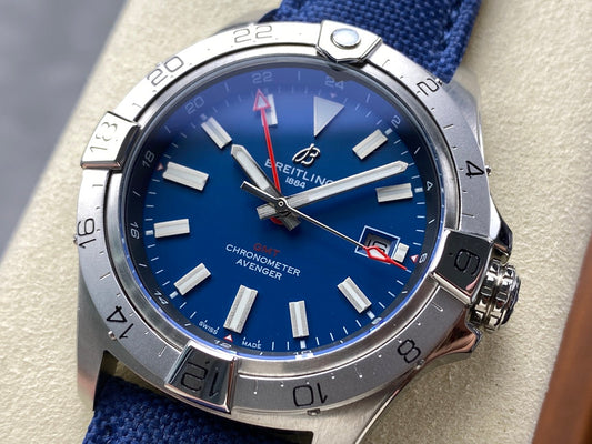 Avenger Chronometer 42mm GMT SS BLSF 1:1 Best Version Blue Dial On Blue Nylon Strap A2836
