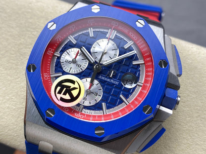 Royal Oak Offshore 44mm SS TKF 1:1 Best Edition Blue/Red Dial on Blue/Red Rubber Strap A3126