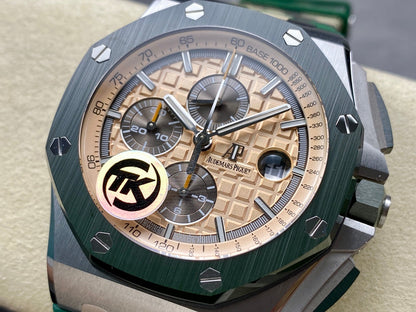Royal Oak Offshore 44mm SS TKF 1:1 Best Edition Cream Dial on Green Camou Rubber Strap A3126