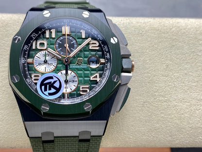 Royal Oak Offshore 44mm Black Ceramic TKF Best Edition Green Dial on Green Rubber Strap A3126