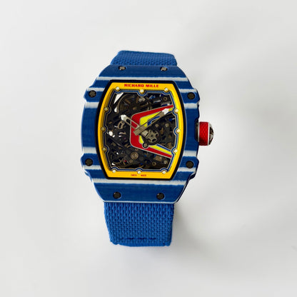 Umi Maker's RM67-02 Blue NTPT Fernando Yellow/Red/Blue Skeleton Dial on Nylon strap CRMA7 Clone V2