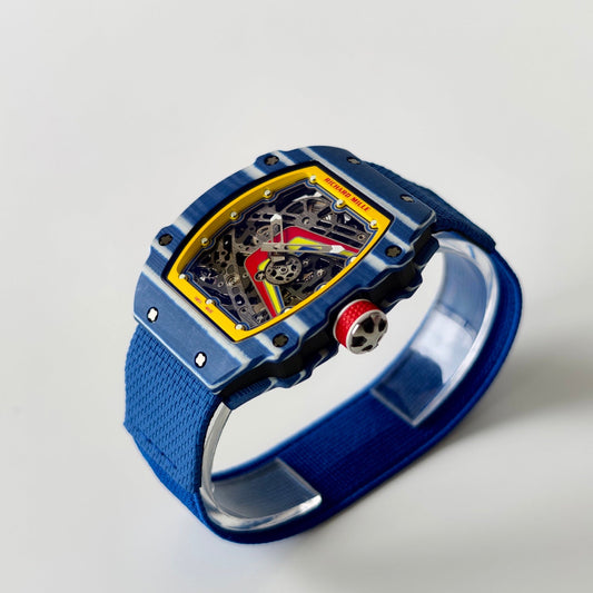 Umi Maker's RM67-02 Blue NTPT Fernando Yellow/Red/Blue Skeleton Dial on Nylon strap CRMA7 Clone V2