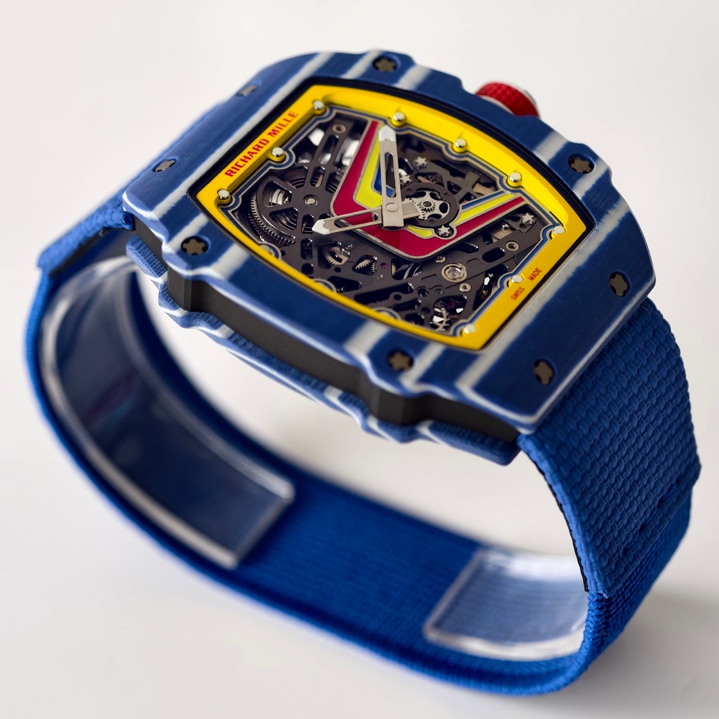 Umi Maker's RM67-02 Blue NTPT Fernando Yellow/Red/Blue Skeleton Dial on Nylon strap CRMA7 Clone V2