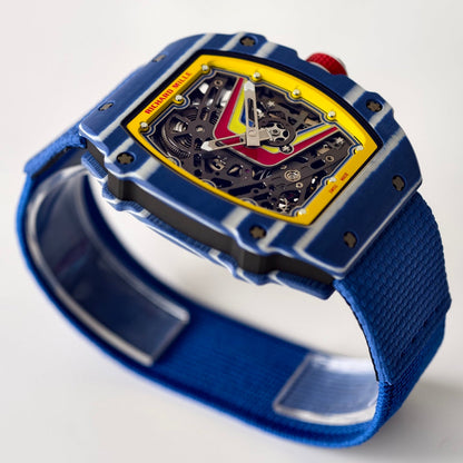 Umi Maker's RM67-02 Blue NTPT Fernando Yellow/Red/Blue Skeleton Dial on Nylon strap CRMA7 Clone V2