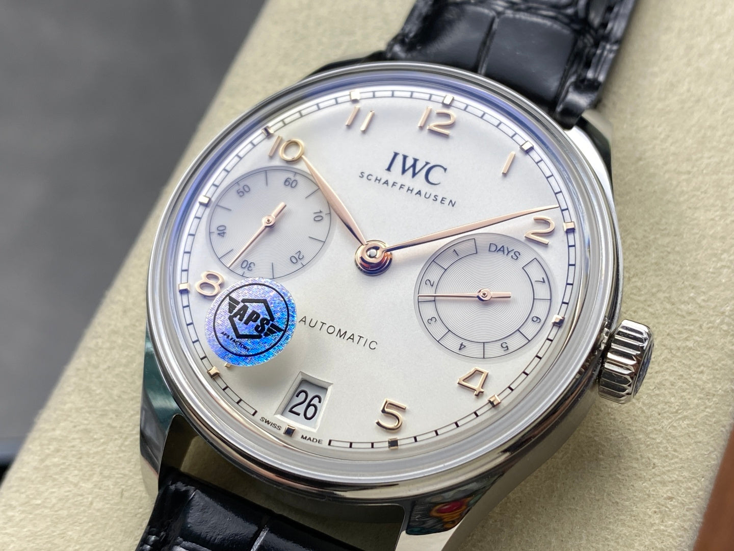 Portugieser Automatic 42mm SS APSF 1:1 Best Edition White Dial RG Marker on Black Leather Strap A52010