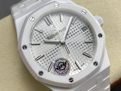 Royal Oak 15500 White Ceramic APSF 1:1 Best Edition Silver Dial on White Ceramic Bracelet SA4302 Super Clone