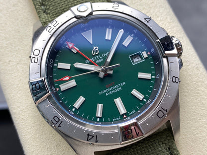 Avenger Chronometer 42mm GMT SS BLSF 1:1 Best Version Green Dial On Green Nylon Strap A2836