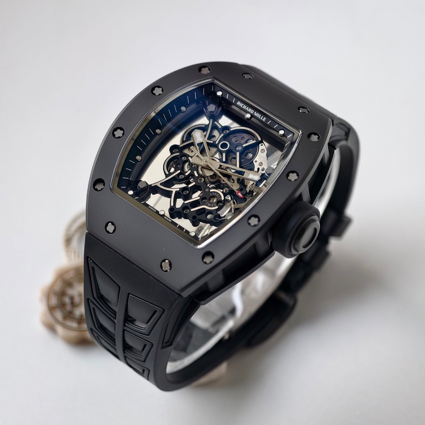 RM055 Black Case Black Inner Bezel Umi Office 1:1 Best Edition Skeleton Dial Black Rubber Strap RMUL2 Super Clone (Free Sprung)
