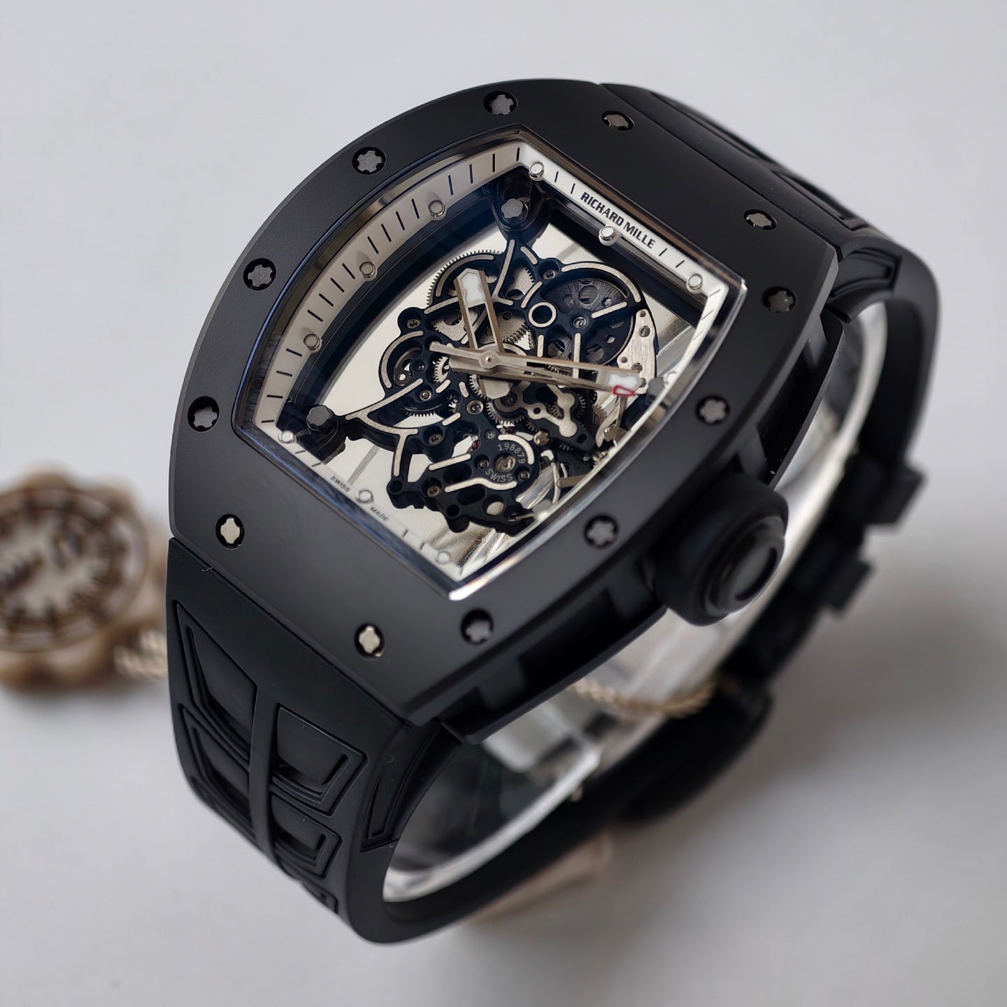 RM055 Black Case White Inner Bezel Umi Office 1:1 Best Edition Skeleton Dial Black Rubber Strap RMUL2 Super Clone (Free Sprung)
