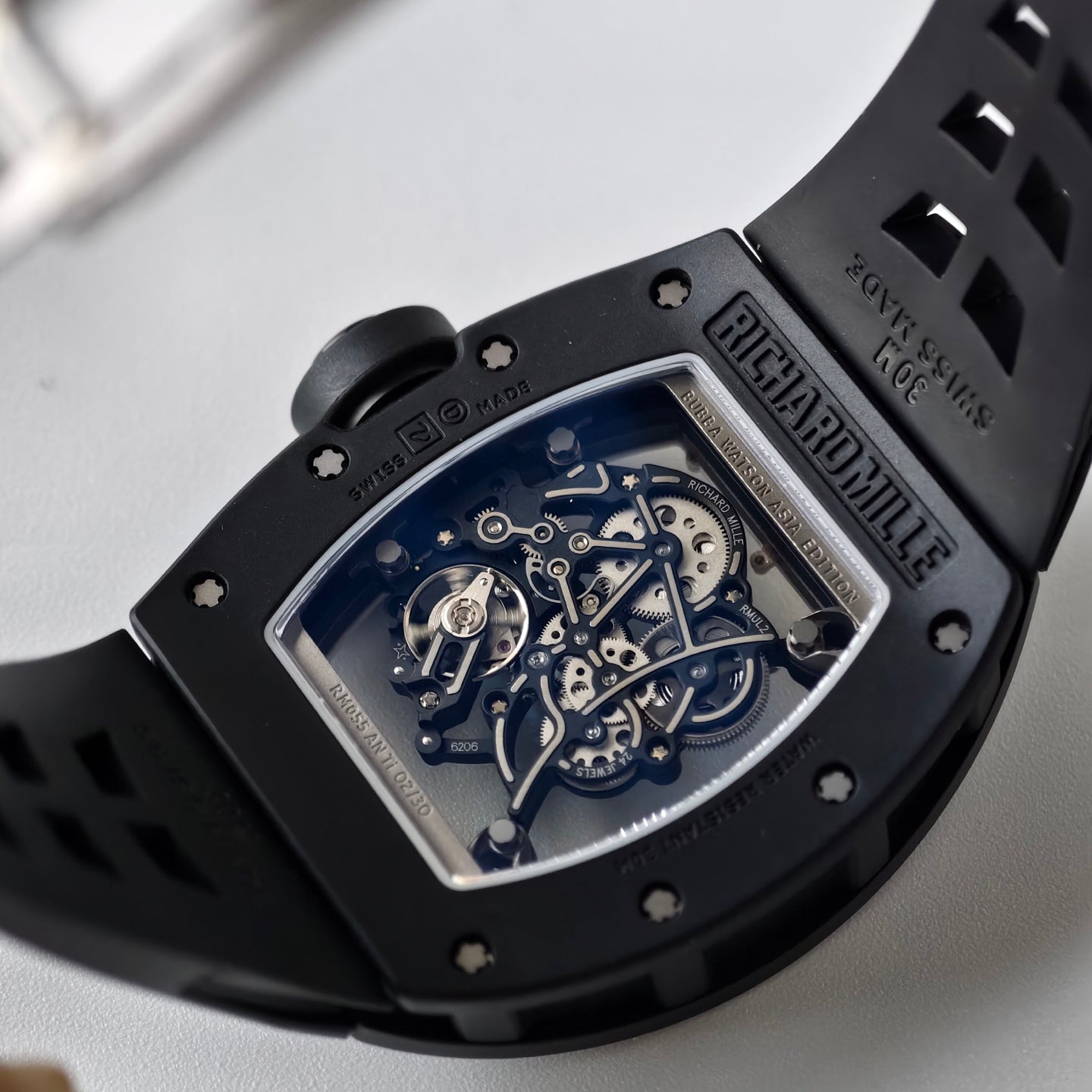RM055 Black Case White Inner Bezel Umi Office 1:1 Best Edition Skeleton Dial Black Rubber Strap RMUL2 Super Clone (Free Sprung)