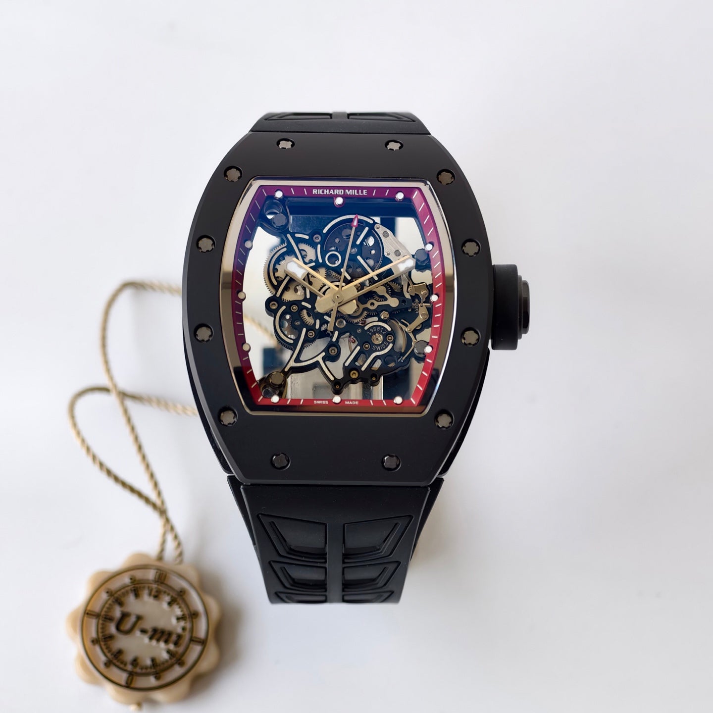 RM055 Black Case Red Inner Bezel Umi Office 1:1 Best Edition Skeleton Dial Black Rubber Strap RMUL2 Super Clone (Free Sprung)