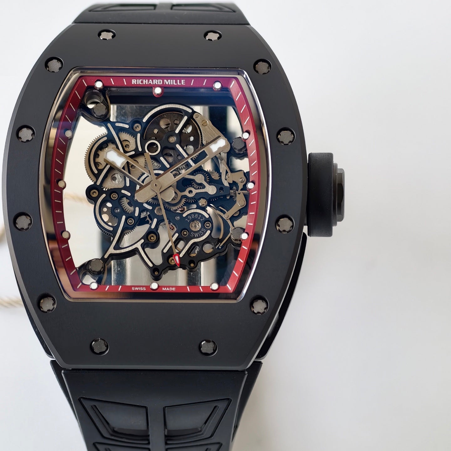 RM055 Black Case Red Inner Bezel Umi Office 1:1 Best Edition Skeleton Dial Black Rubber Strap RMUL2 Super Clone (Free Sprung)