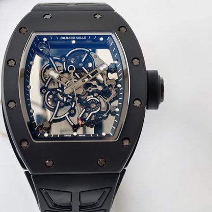RM055 Black Case Black Inner Bezel Umi Office 1:1 Best Edition Skeleton Dial Black Rubber Strap RMUL2 Super Clone (Free Sprung)
