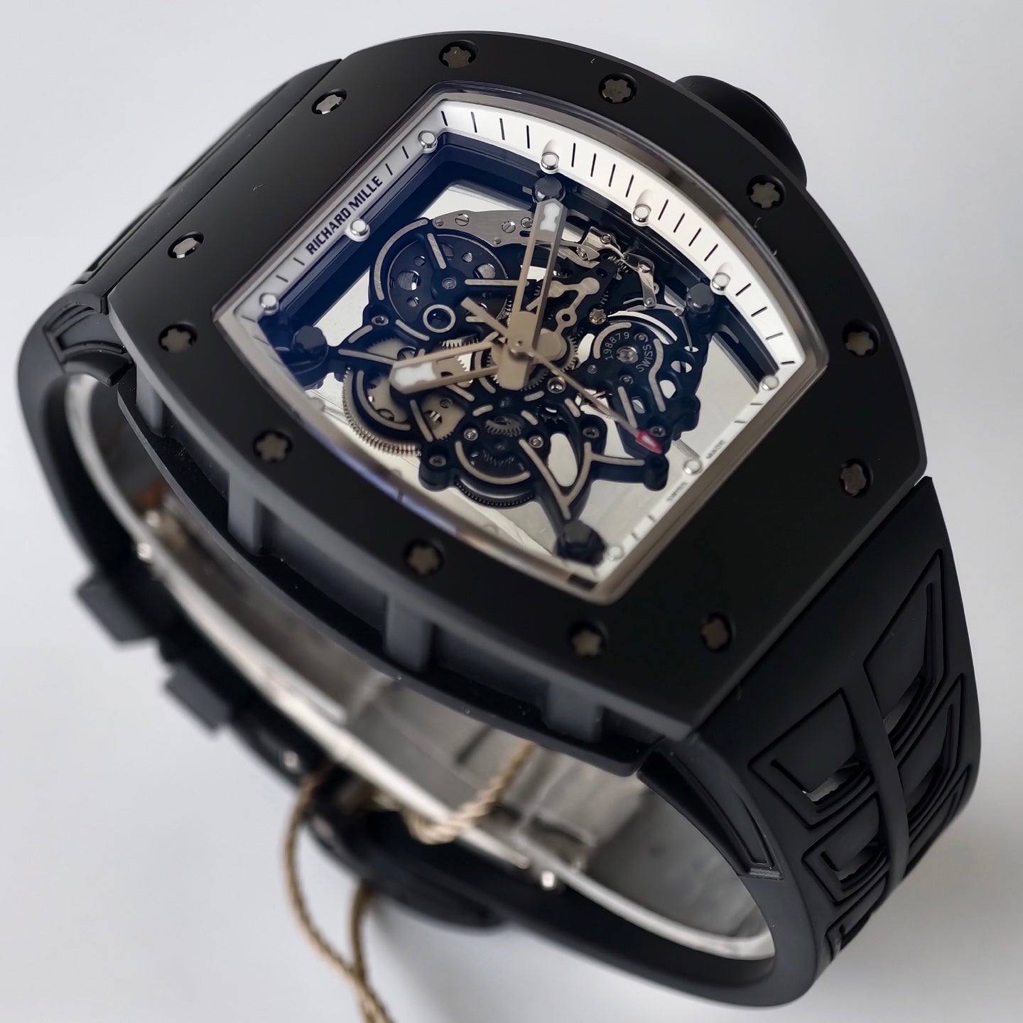 RM055 Black Case White Inner Bezel Umi Office 1:1 Best Edition Skeleton Dial Black Rubber Strap RMUL2 Super Clone (Free Sprung)
