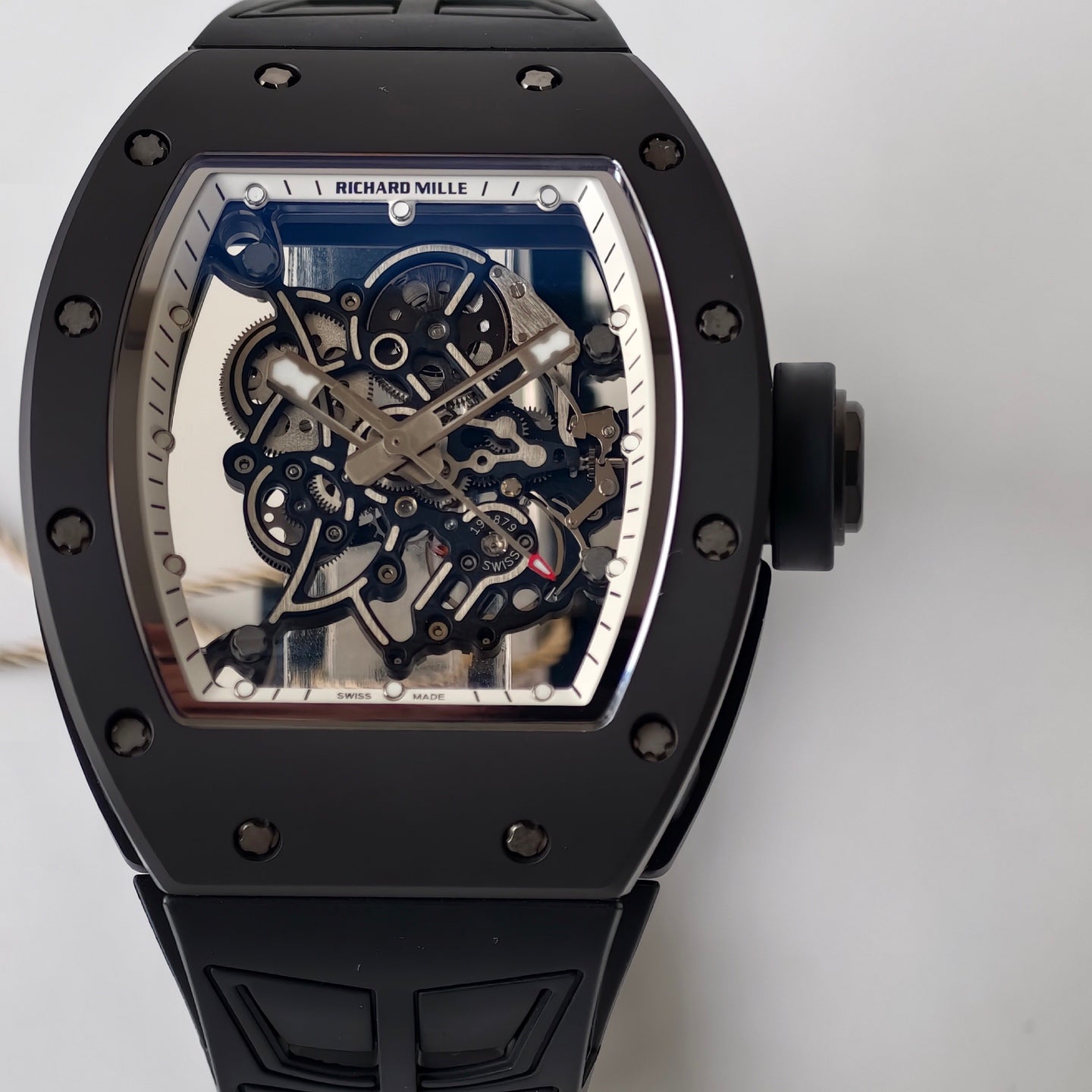 RM055 Black Case White Inner Bezel Umi Office 1:1 Best Edition Skeleton Dial Black Rubber Strap RMUL2 Super Clone (Free Sprung)